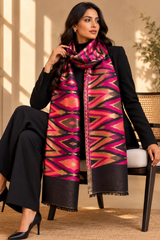 His & Her Herringbone & Ikat Cashmere Wool Muffler & Stole Set – His Black / Her Pink