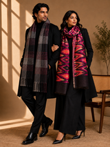 His & Her Herringbone & Ikat Cashmere Wool Muffler & Stole Set – His Black / Her Pink