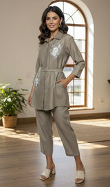 Embroidered and embellished co-ord Brown