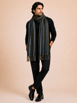 His & Her Herringbone & Reversible Zari Baraat Cashmere Wool Muffler & Stole Set – His Black / Her Black