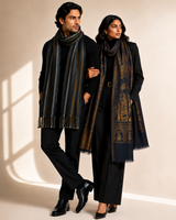 His & Her Herringbone & Reversible Zari Baraat Cashmere Wool Muffler & Stole Set – His Black / Her Black