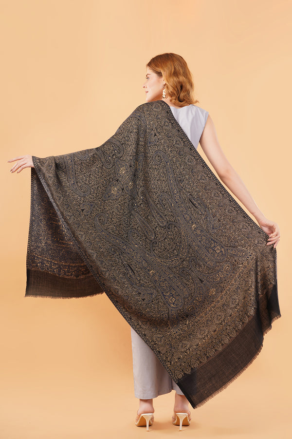 Heavy jamawar style self woven stole black