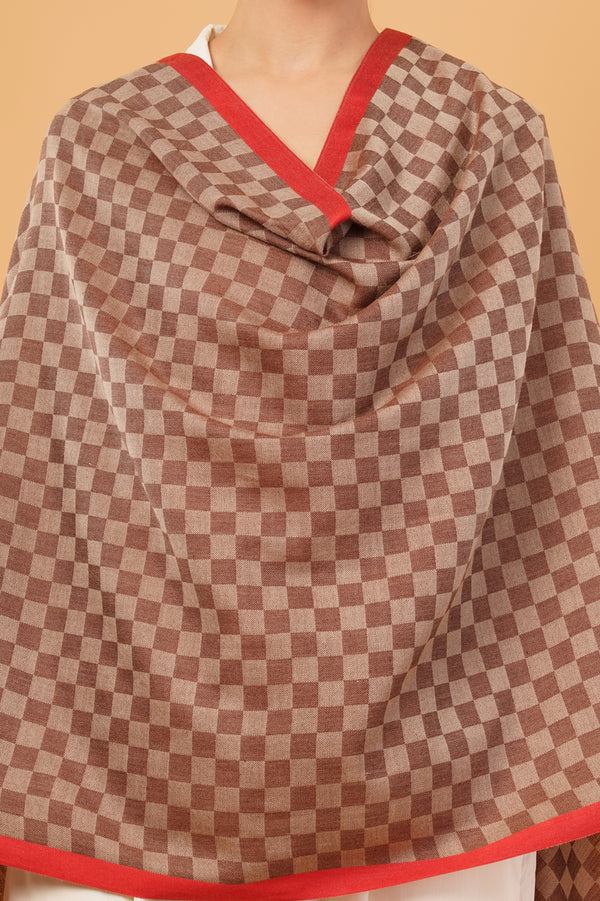Check wool stole with silk border