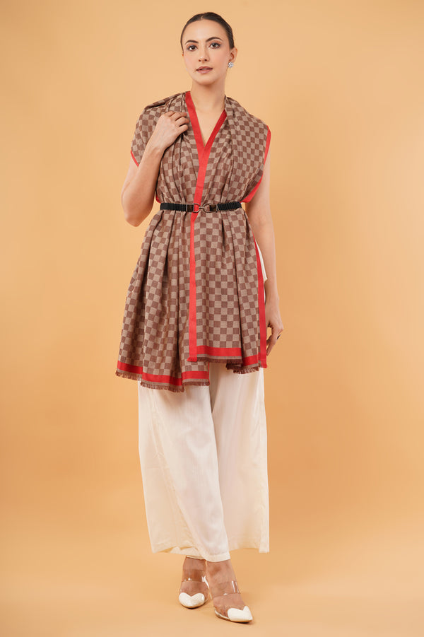 Check wool stole with silk border