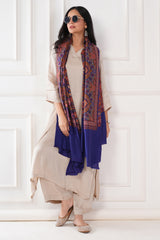 Kalamkani Women's Jamawar Embroidered Pashmina Wool Shawl - Dark Blue, 100 x 200 cm