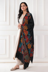 Kalamkani women stole woven 3d flower cashmere wool - Black , 70 x 200 cm