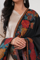 Kalamkani women stole woven 3d flower cashmere wool - Black , 70 x 200 cm