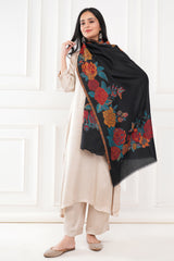 Kalamkani women stole woven 3d flower cashmere wool - Black , 70 x 200 cm