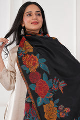 Kalamkani women stole woven 3d flower cashmere wool - Black , 70 x 200 cm