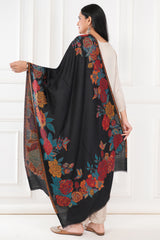 Kalamkani women stole woven 3d flower cashmere wool - Black , 70 x 200 cm