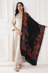 Kalamkani women stole woven 3d flower cashmere wool - Black , 70 x 200 cm