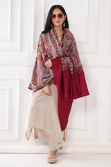 Kalamkani Women's Jamawar Embroidered Pashmina Wool Shawl - Maroon, 100 x 200 cm
