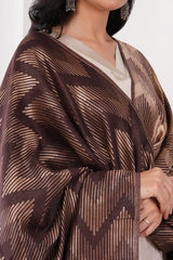 Kalamkani women stole zig zag reversible zari cashmere wool - Brown/ Gold , 70 x 200 cm