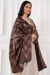 Kalamkani women stole zig zag reversible zari cashmere wool - Brown/ Gold , 70 x 200 cm