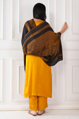 Kalamkani woven stole dual border moonlight zari cashmere wool - Black / copper , 70 x 200 cm