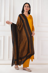 Kalamkani woven stole dual border moonlight zari cashmere wool - Black / copper , 70 x 200 cm