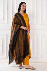 Kalamkani woven stole dual border moonlight zari cashmere wool - Black / copper , 70 x 200 cm