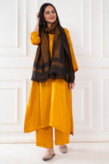 Kalamkani woven stole dual border moonlight zari cashmere wool - Black / copper , 70 x 200 cm