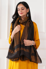 Kalamkani woven stole dual border moonlight zari cashmere wool - Black / copper , 70 x 200 cm