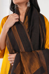 Kalamkani woven stole dual border moonlight zari cashmere wool - Black / copper , 70 x 200 cm