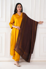 Kalamkani woven stole dual border moonlight zari cashmere wool - Brown / copper , 70 x 200 cm