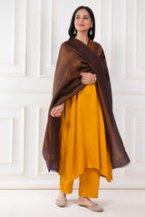 Kalamkani woven stole dual border moonlight zari cashmere wool - Brown / copper , 70 x 200 cm