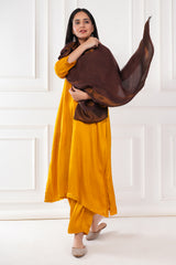 Kalamkani woven stole dual border moonlight zari cashmere wool - Brown / copper , 70 x 200 cm