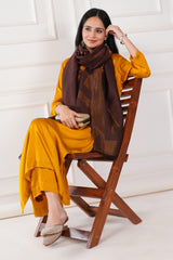 Kalamkani woven stole dual border moonlight zari cashmere wool - Brown / copper , 70 x 200 cm