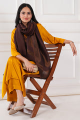 Kalamkani woven stole dual border moonlight zari cashmere wool - Brown / copper , 70 x 200 cm