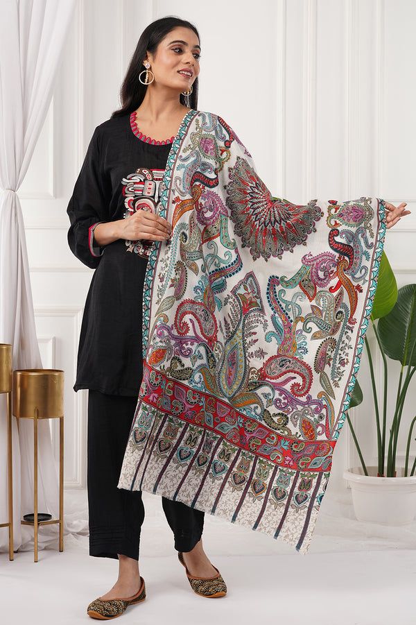 White Kalamkari zari stole