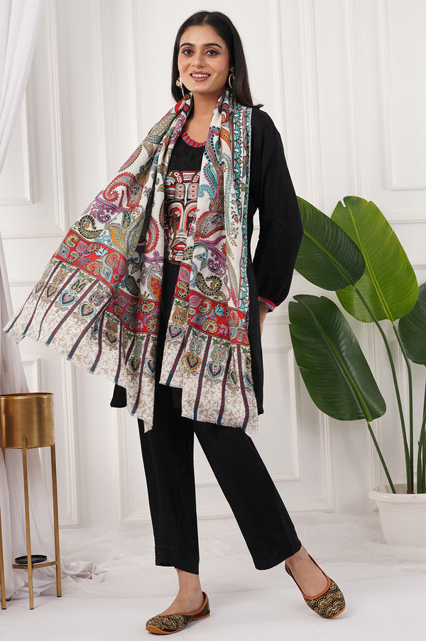 White Kalamkari zari stole