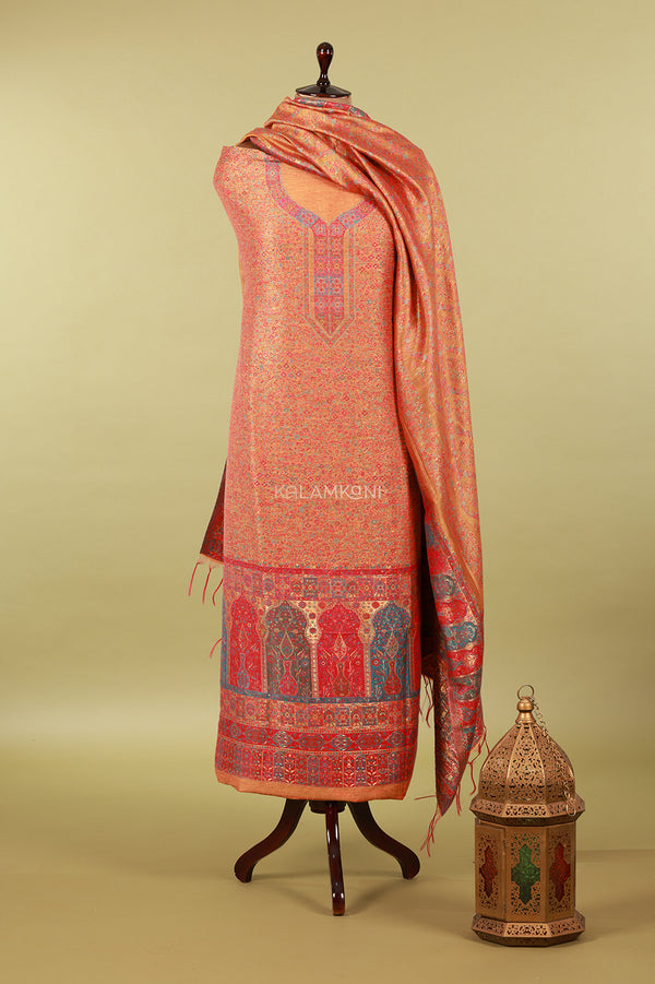Silk suit with intricate flower design and flower base detailing border