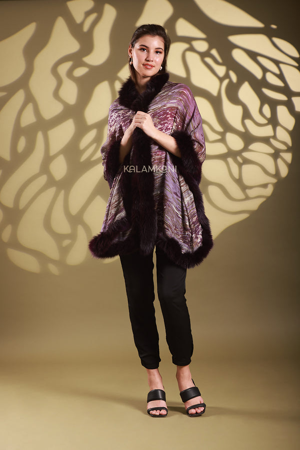 Cashmere - wool Digital print stole with 100% Faux Fur