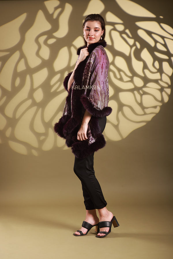Cashmere - wool Digital print stole with 100% Faux Fur