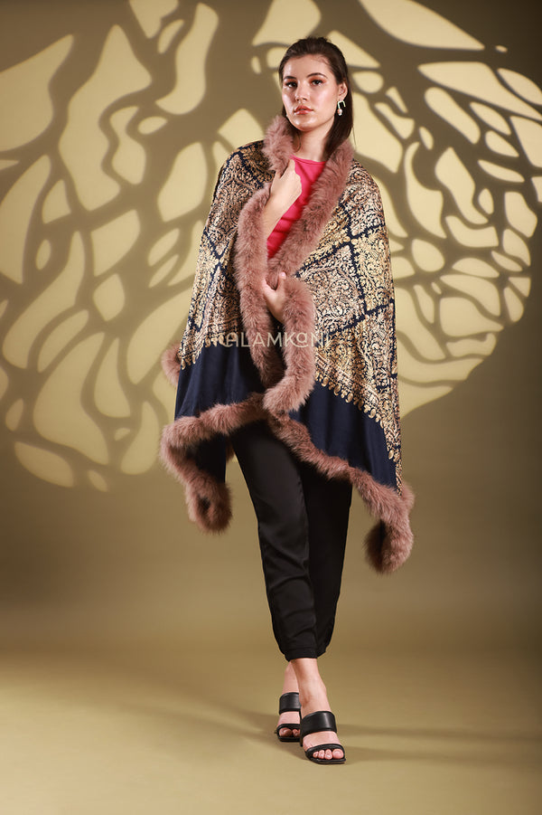 Nalki embroidery stole with 100% Faux Fur