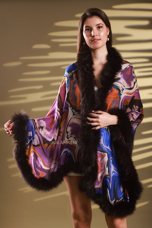 Cashmere - wool digital print stole with 100% Faux Fur