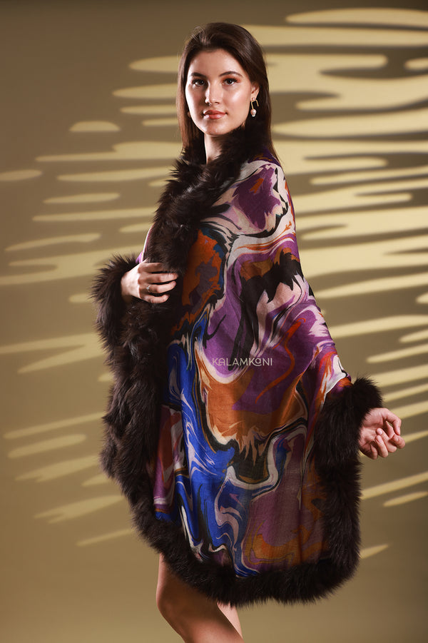 Cashmere - wool digital print stole with 100% Faux Fur