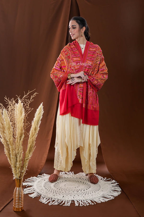 Red heavy nalki multi-color embroidery