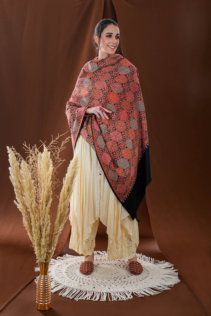 Pashmina wool shawl with art silk embroidery